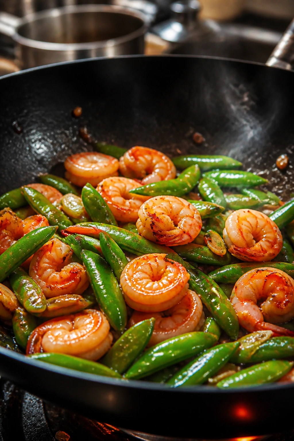 Shrimp and snap peas in glossy stir-fry sauce