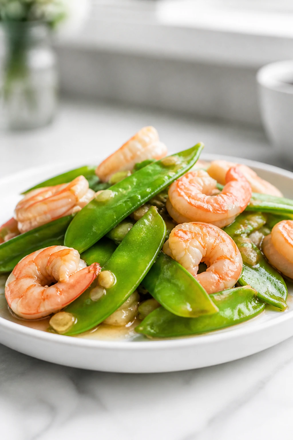 Shrimp and snow peas close-up on plate