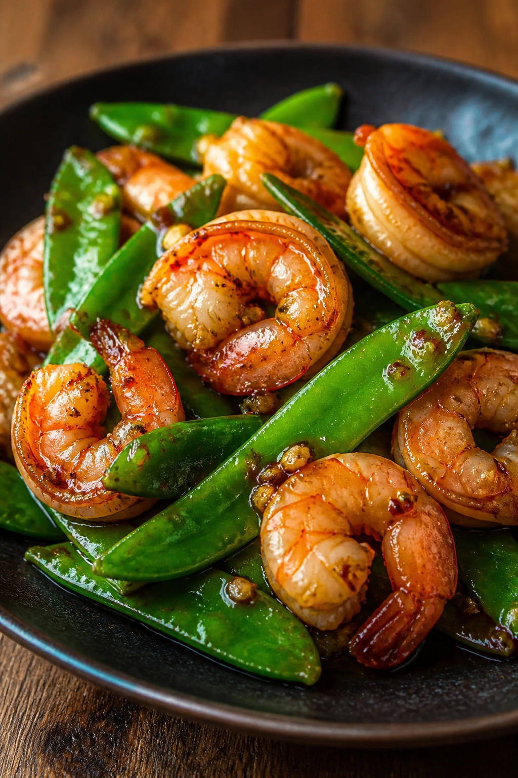 Shrimp and snow peas in chili garlic sauce on plate