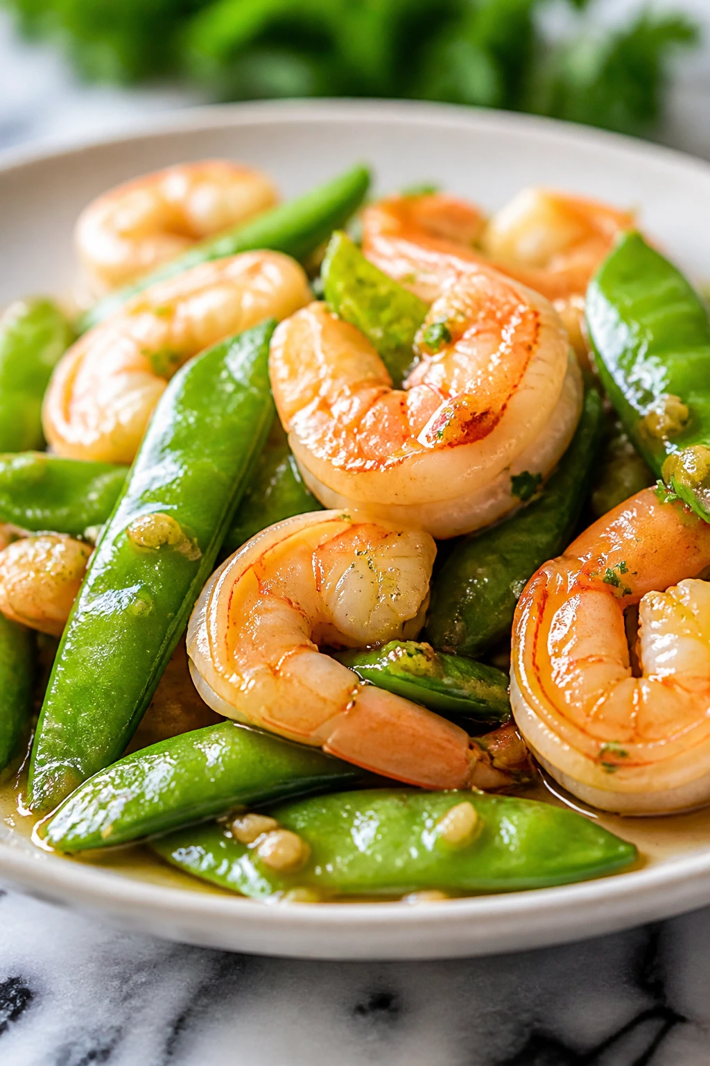 Shrimp and snow peas in glossy garlic-ginger sauce