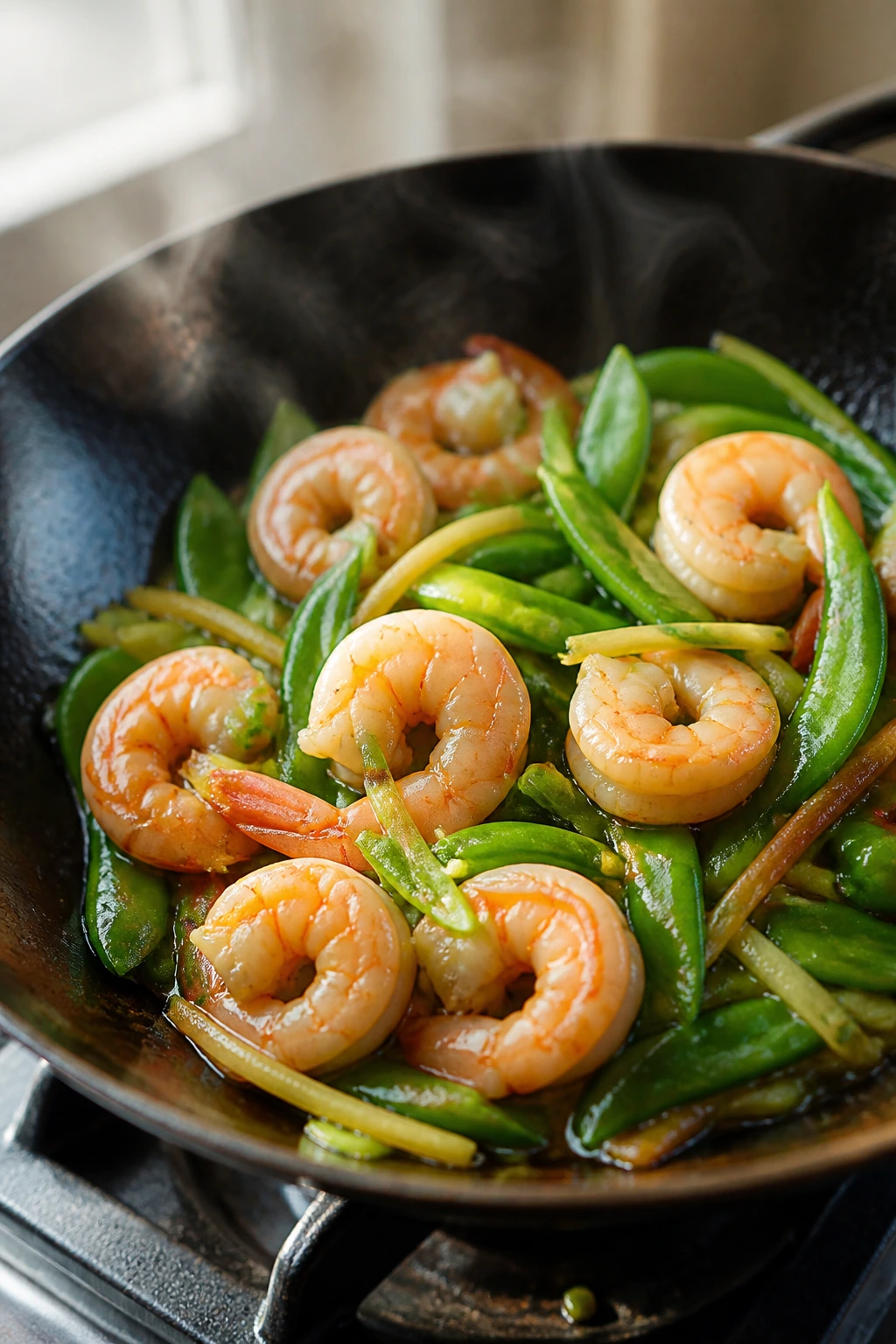 Close-up of shrimp with snow peas and ginger in glossy sauce in a home kitchen