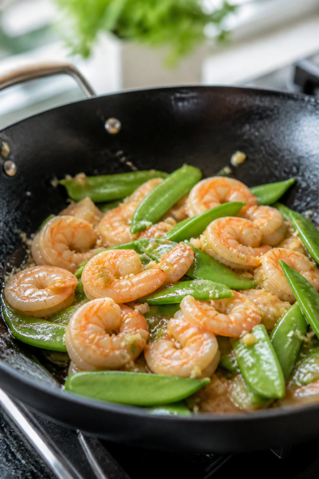 Close-up of shrimp and snow peas in a stir-fry sauce.