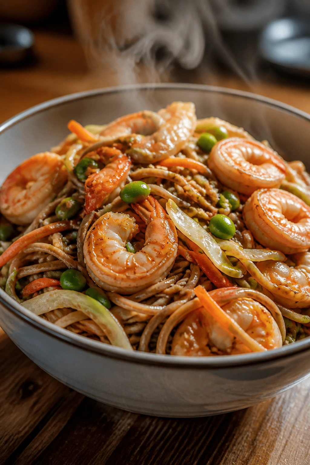 Close-up of shrimp soba stir-fry bowl with noodles, shrimp, veggies and peanut sauce
