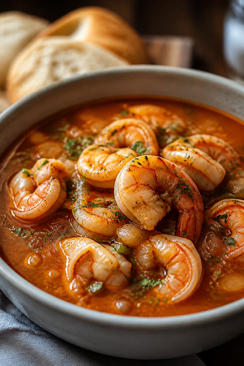 Tomato-based cioppino-inspired shrimp soup with bread in background
