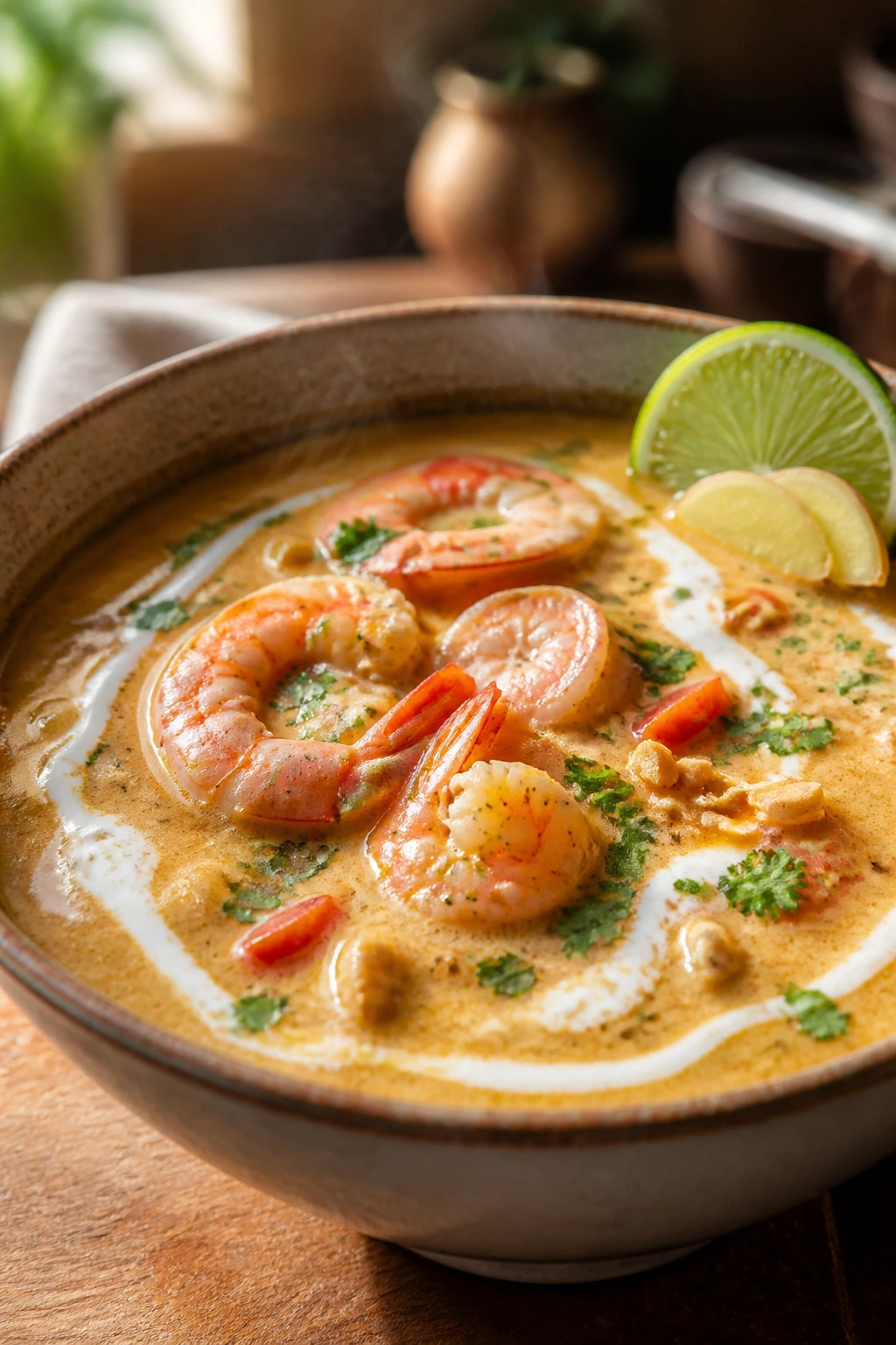Close-up of steaming shrimp soup with coconut flavor on wooden table