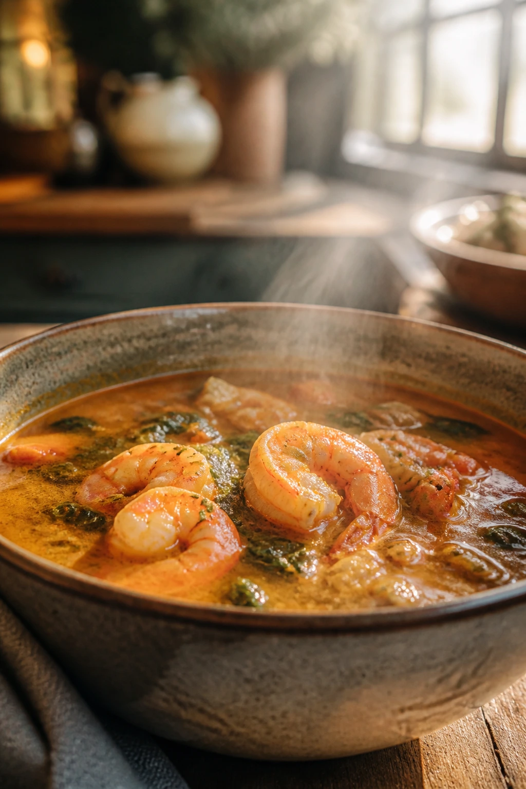 Cozy shrimp soup bowl filling the frame on a wooden table with warm window light