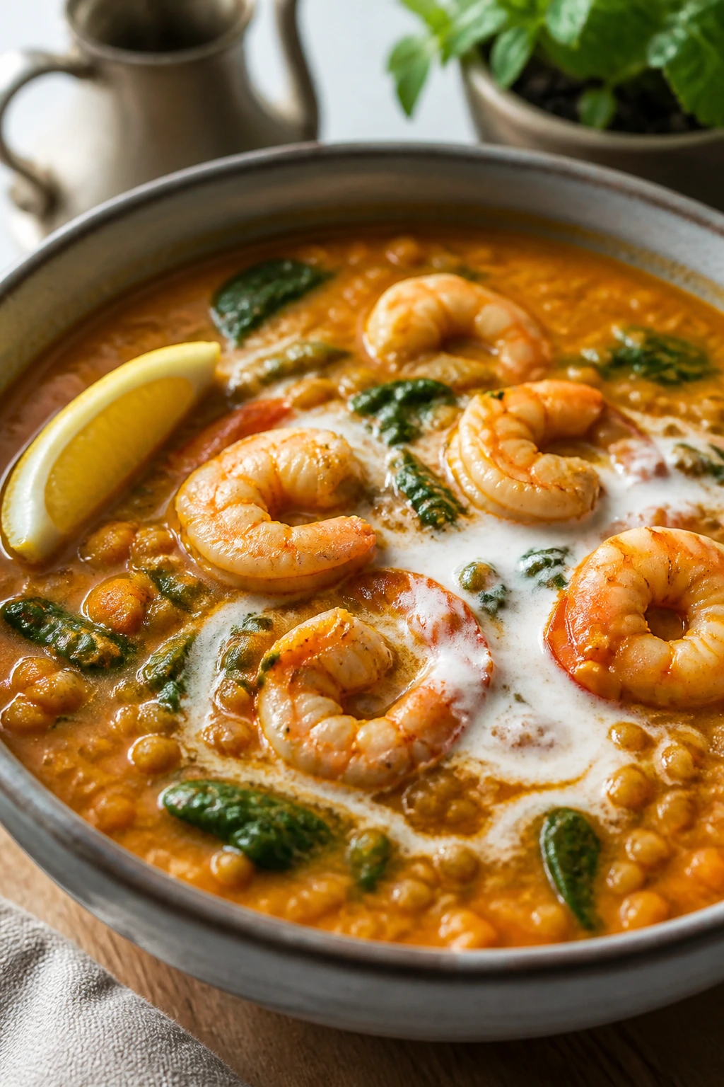 Thick curried lentil shrimp soup in a bowl with spinach and lemon