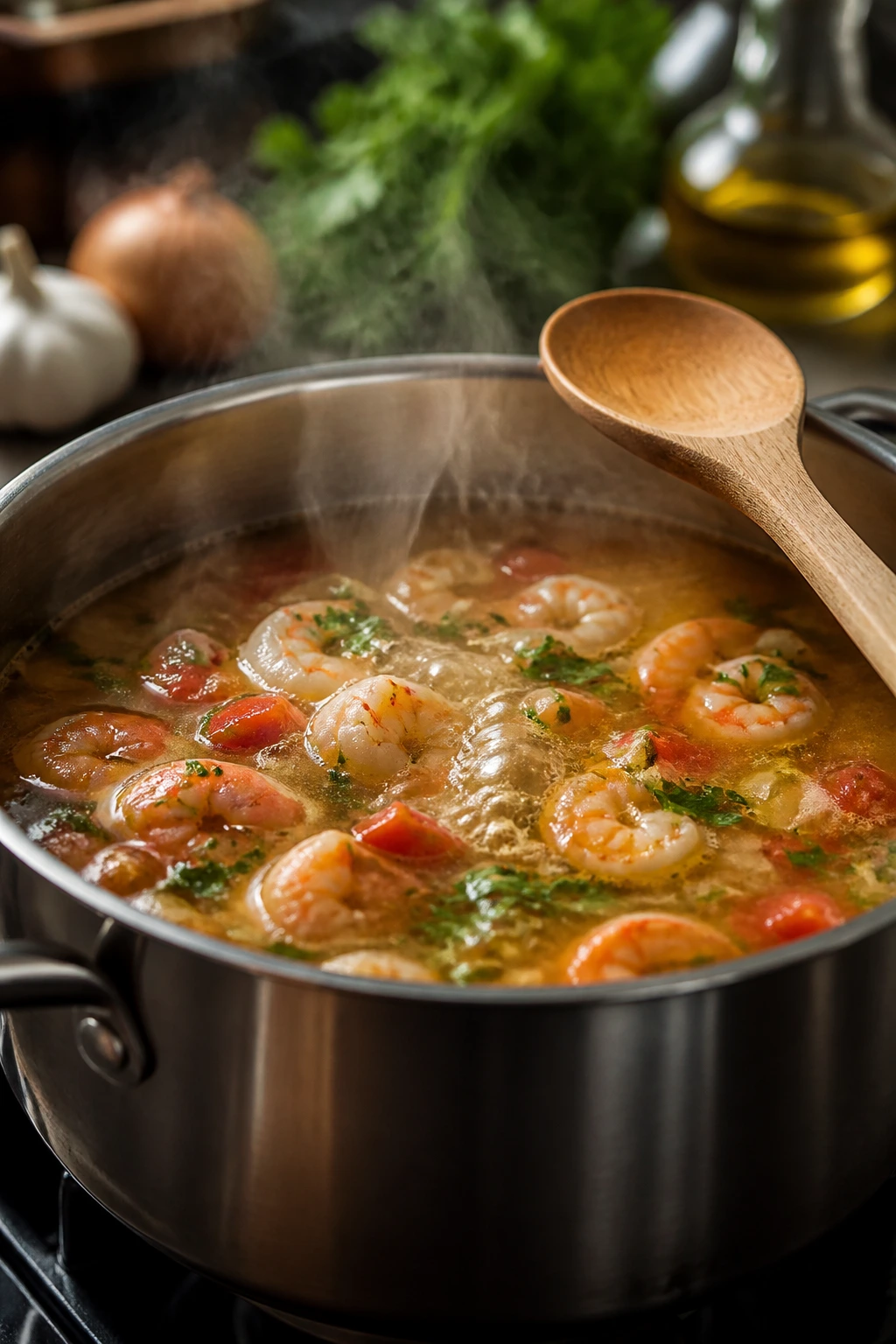 Pot on stove simmering gently with steam