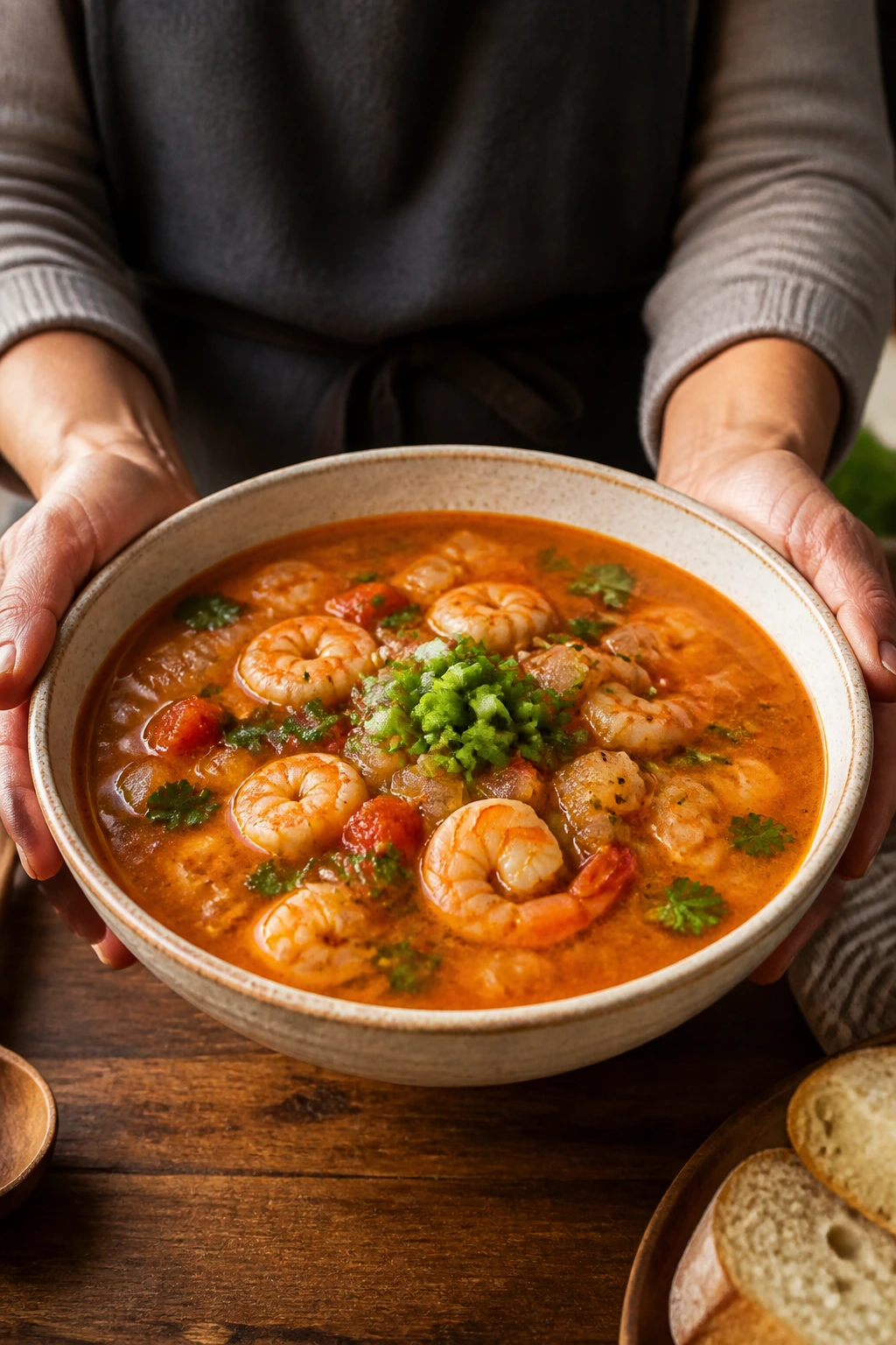 Medium close-up of a shrimp soup bowl being served with garnish in center