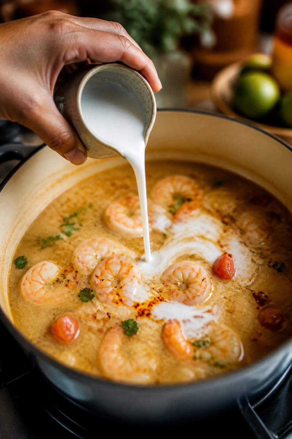 Hand drizzling coconut milk into shrimp soup to show variations