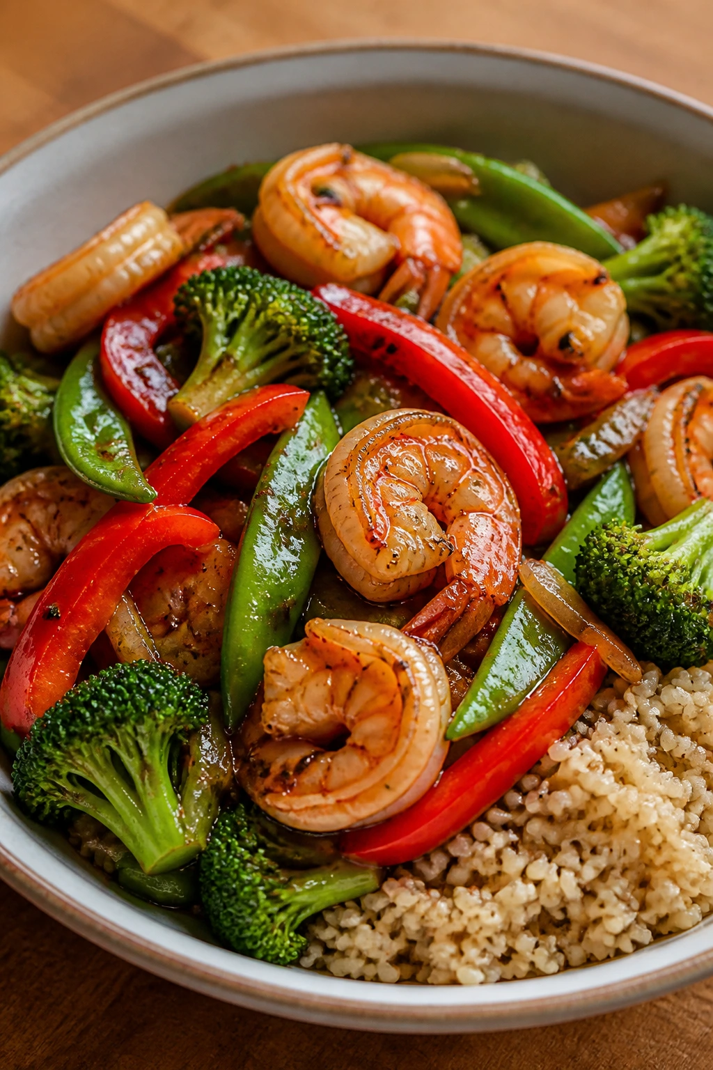 Shrimp stir-fry with vegetables and brown rice in bowl.