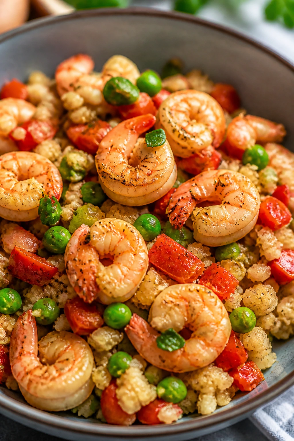 Shrimp stir-fry with cauliflower rice in a bowl.