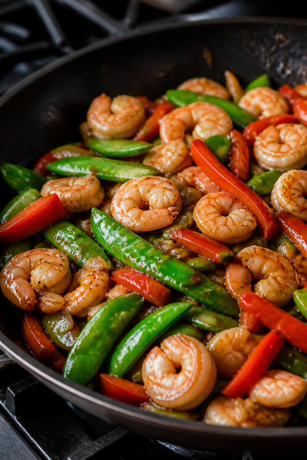 Shrimp stir-fry with snap peas and bell pepper in a skillet
