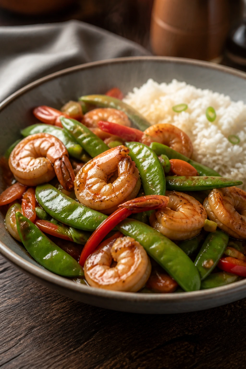 Close-up of shrimp stir-fry with snap peas and rice on a rustic wooden surface