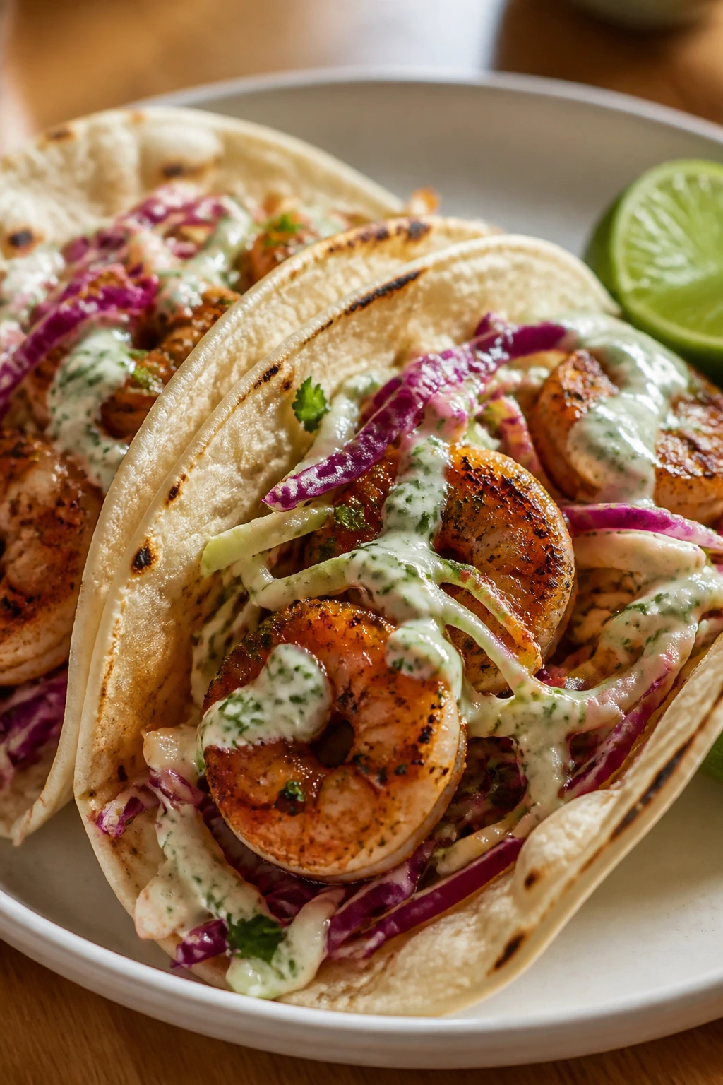 Close-up of shrimp tacos with cabbage slaw on a plate