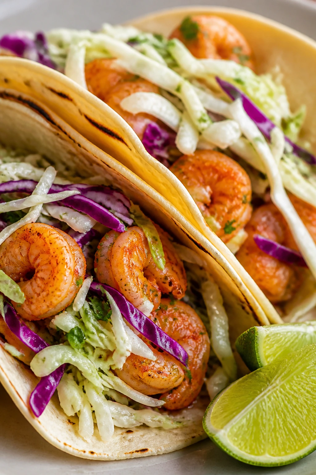 Close-up of shrimp tacos with cabbage on a plate