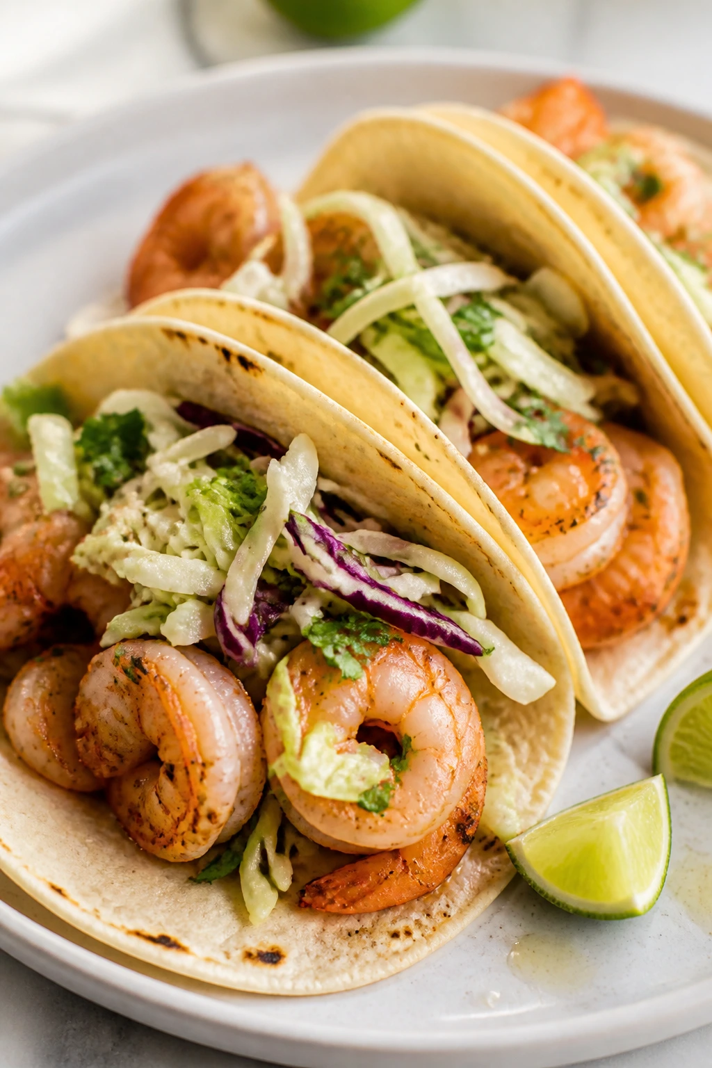 Tacos filled with shrimp and cabbage slaw on a plate