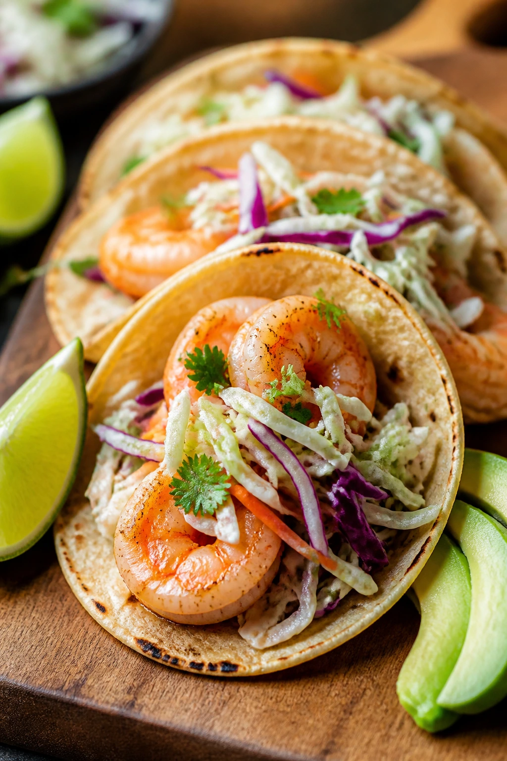 Shrimp tacos with cabbage slaw on a rustic board, bright and fresh