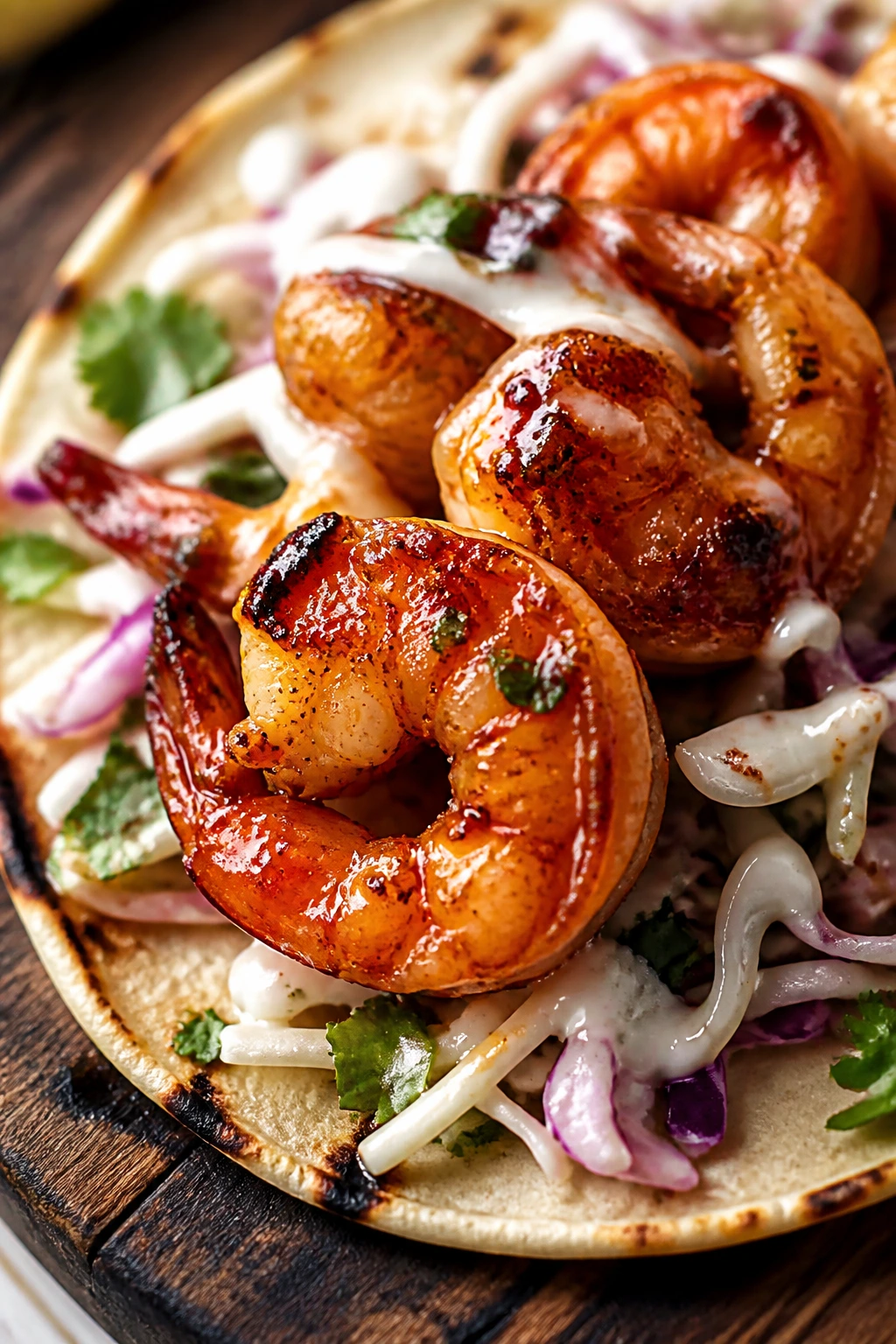 Close-up of hot honey shrimp taco with cabbage and crema.