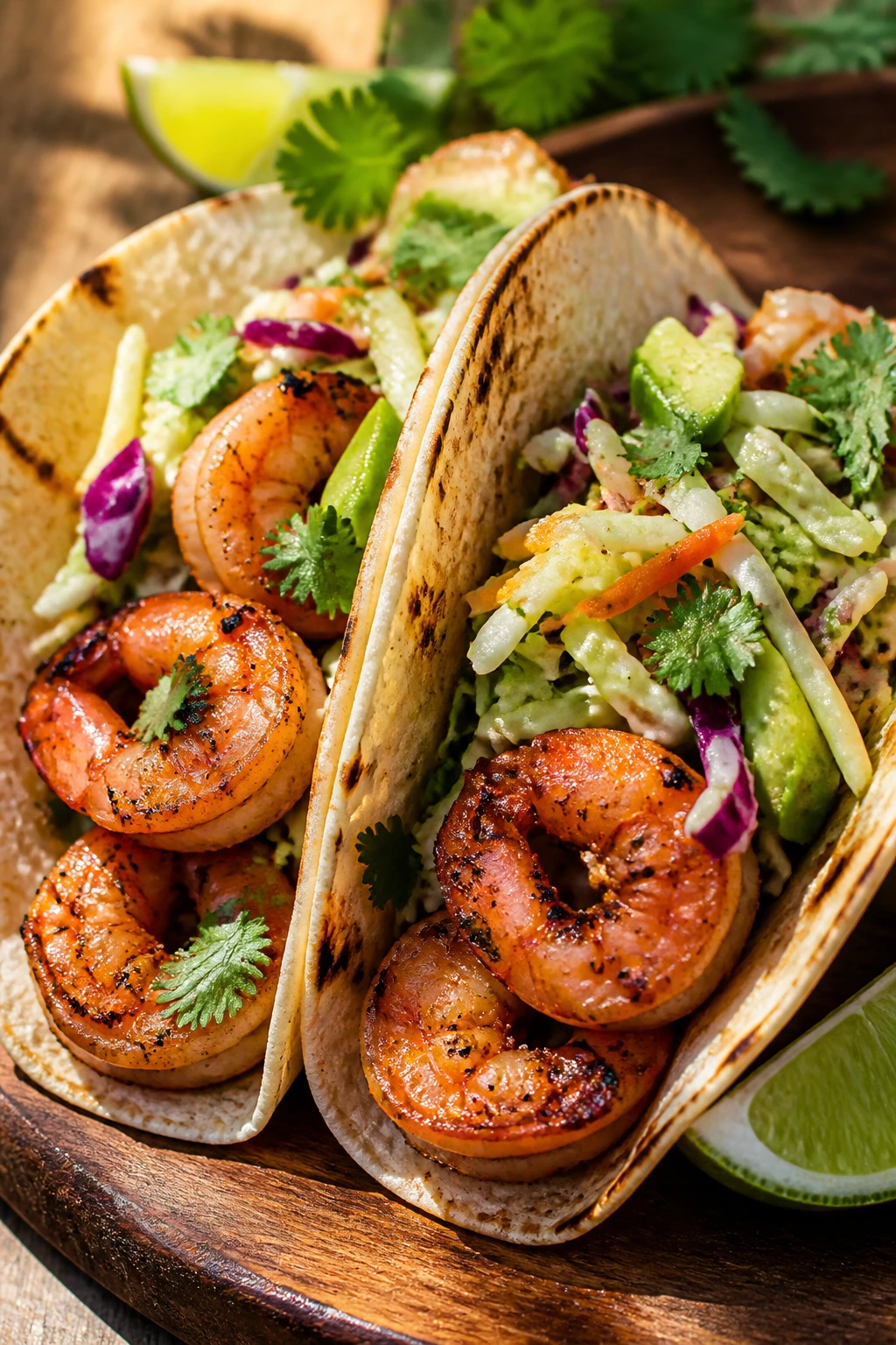 Close-up shrimp tacos with lime slaw on a tortilla.