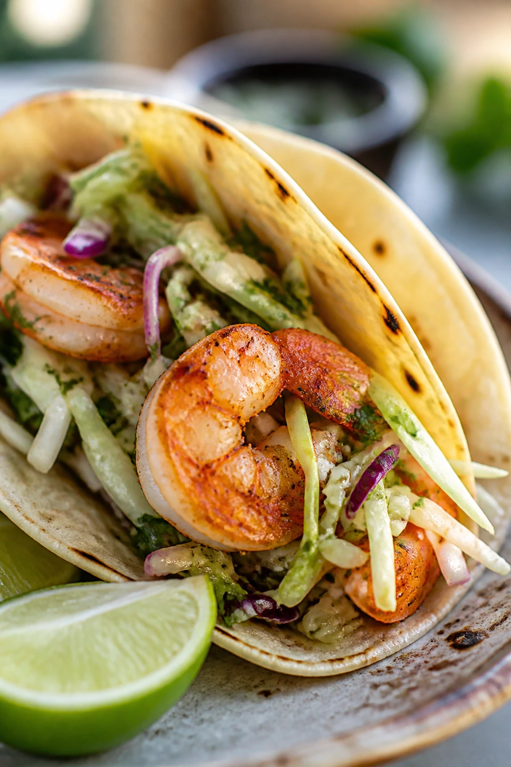 Shrimp taco with lime slaw on a plate