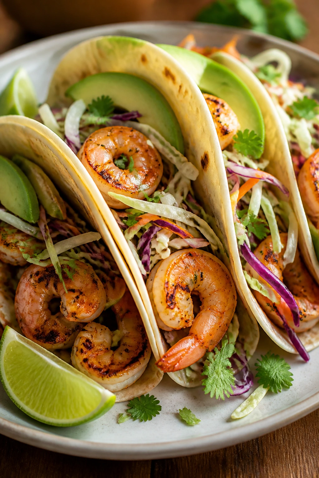 Plate of shrimp tacos with lime slaw and avocado