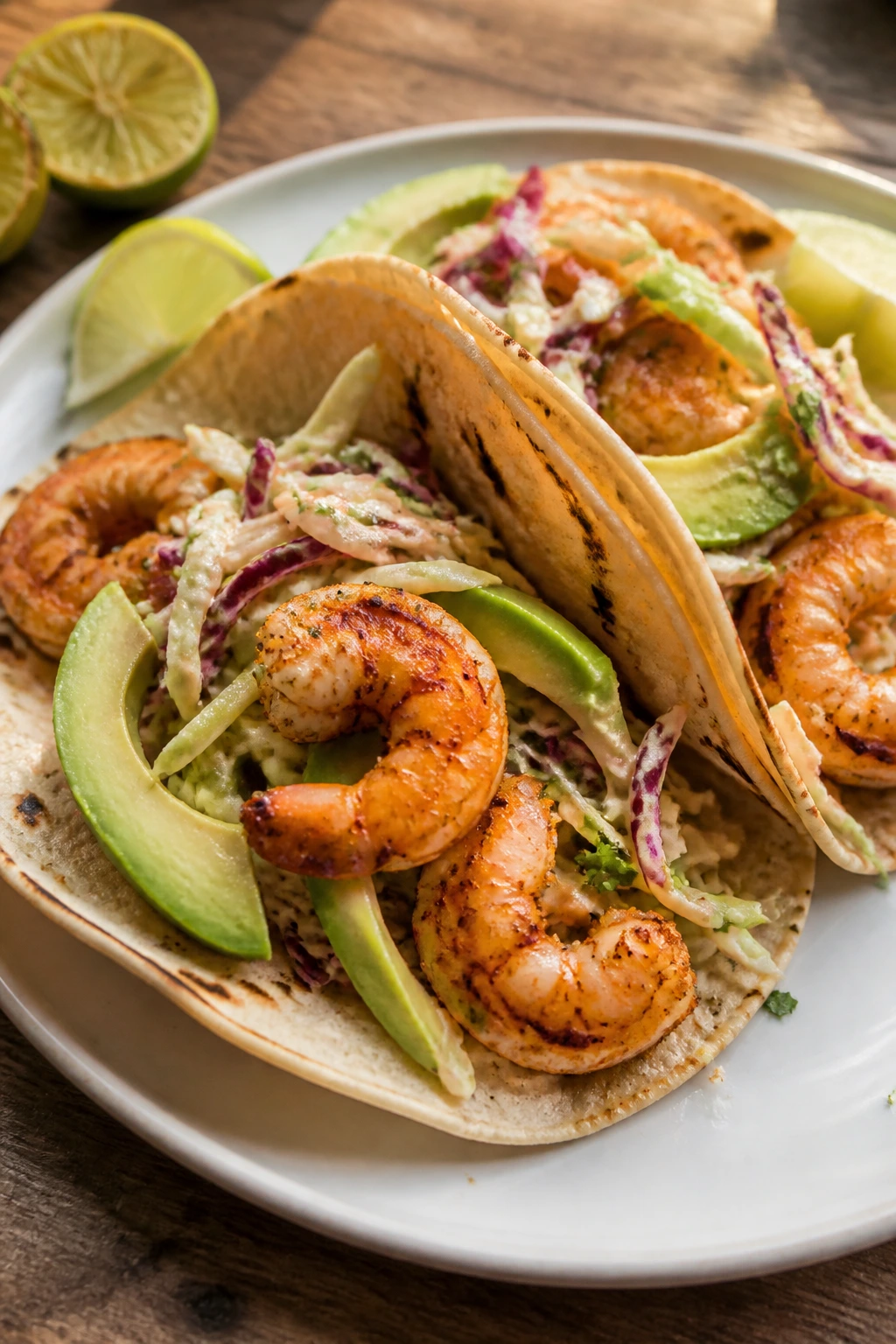 Close-up of shrimp tacos with lime slaw and avocado