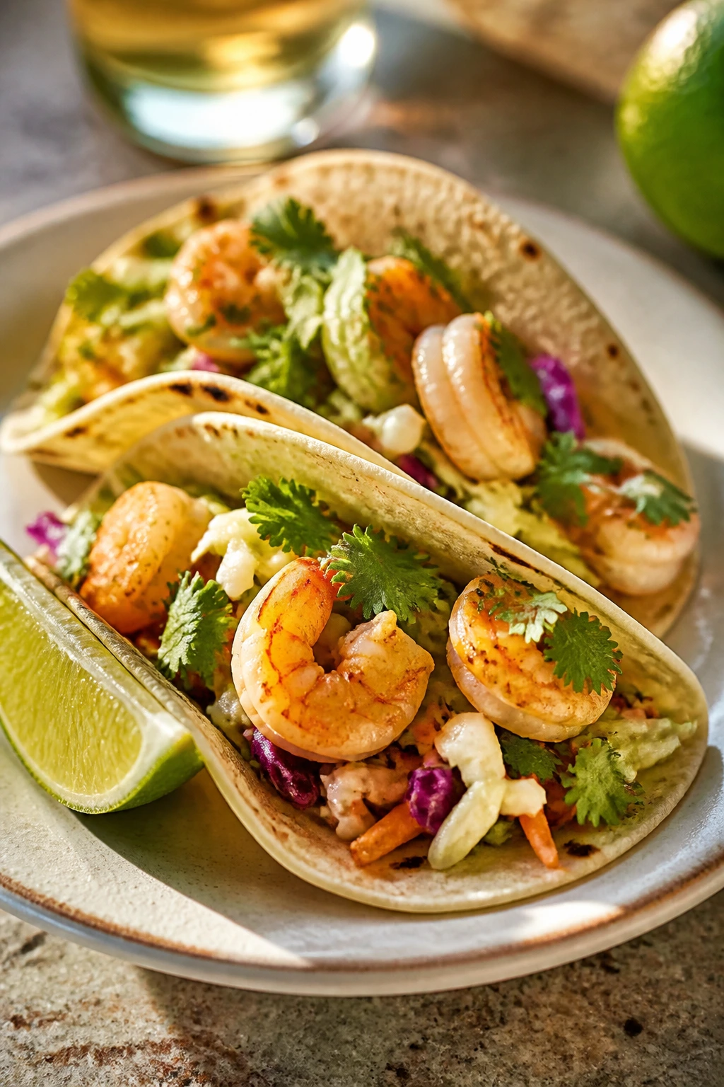 Shrimp tacos with lime slaw on plate