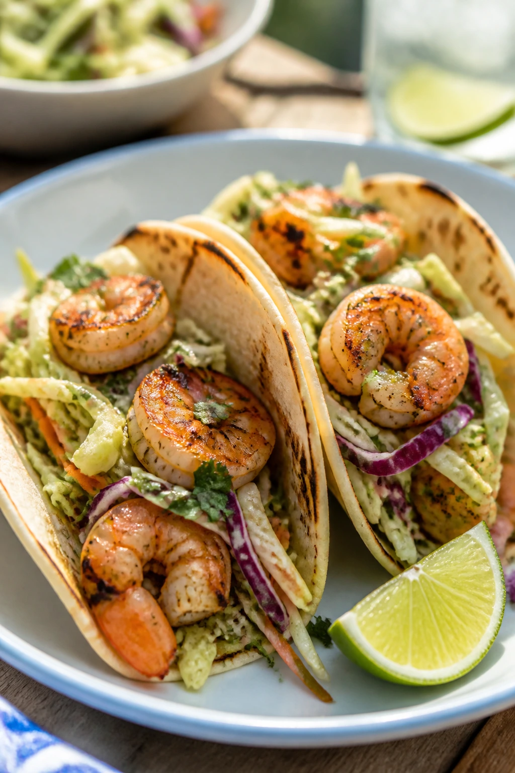 Shrimp tacos with lime slaw on plate outdoors