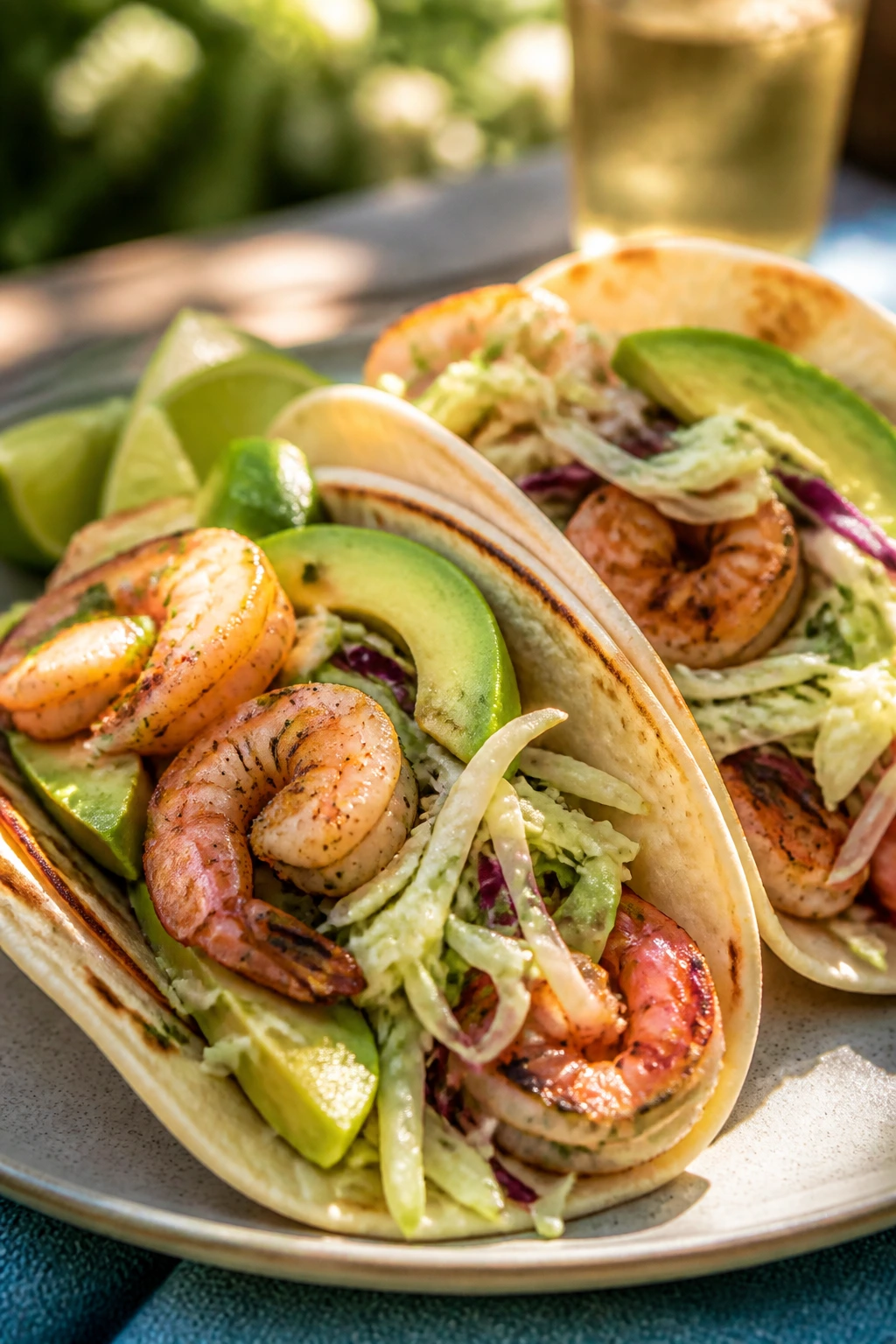 Shrimp tacos with lime slaw and avocado on a bright outdoor table