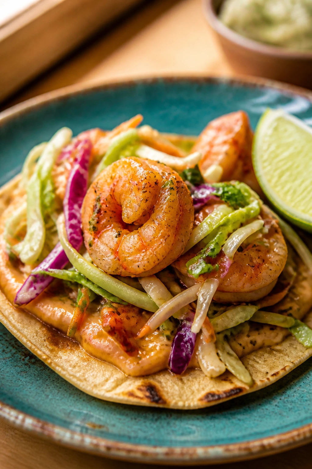 Shrimp taco with lime slaw and glossy honey glaze