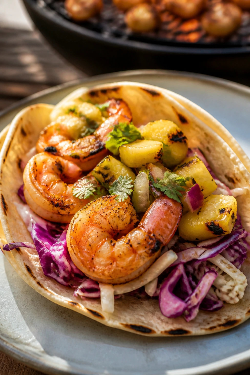 Shrimp taco with charred pineapple salsa on a plate
