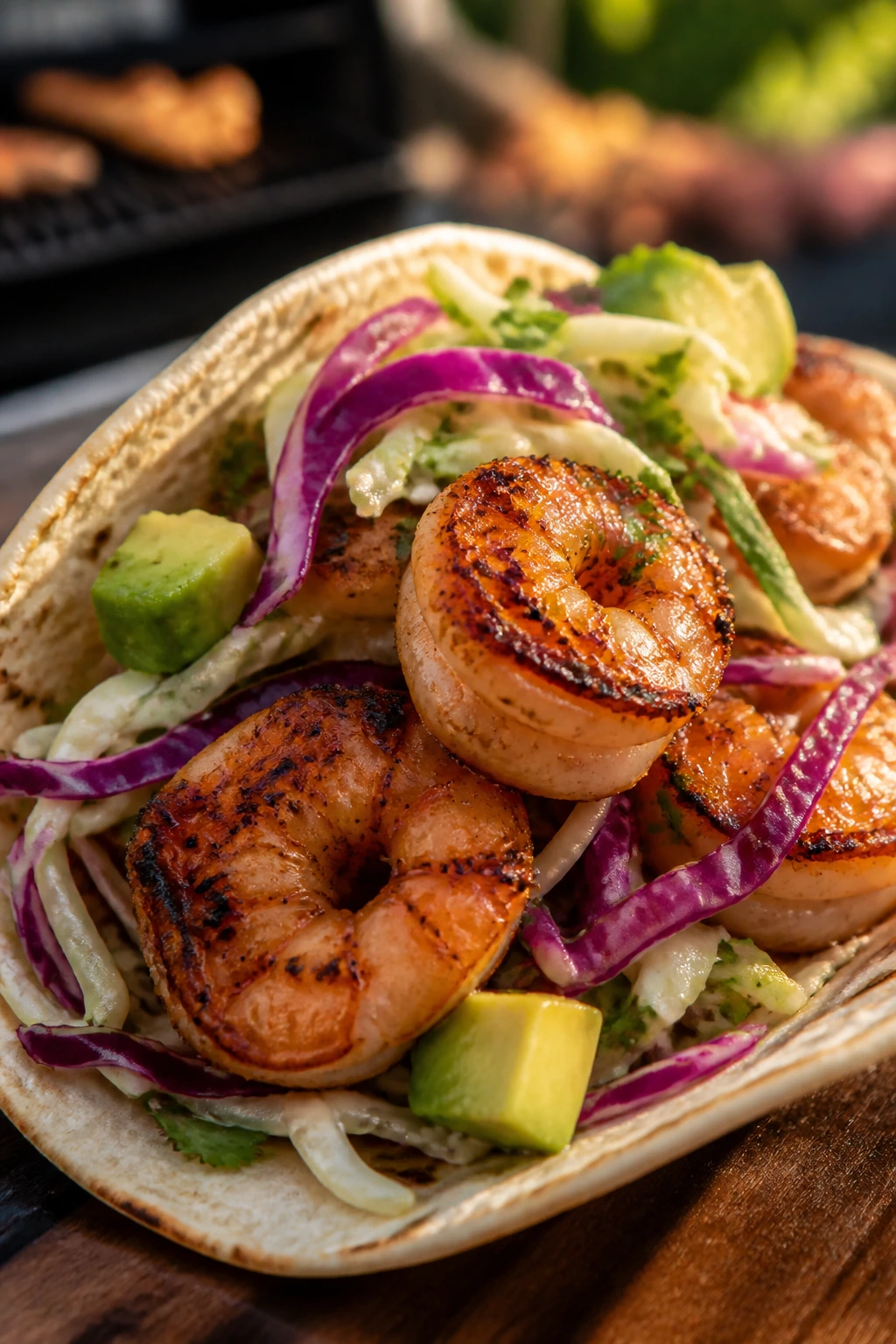 Close-up of a shrimp taco with cabbage slaw and avocado in a backyard setting.