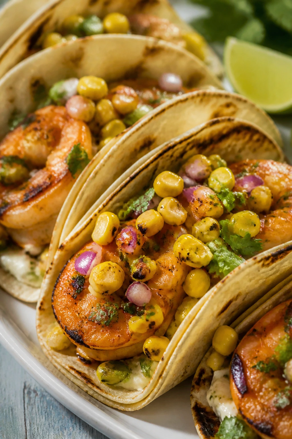 Shrimp tacos with smoked corn salsa on a bright outdoor table