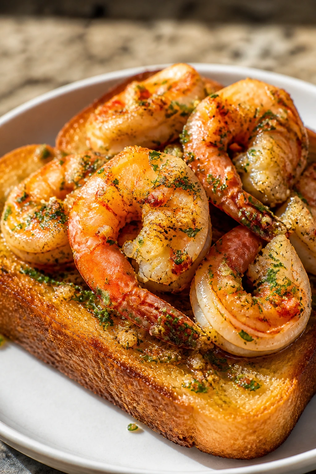 Close-up of garlic butter shrimp on a crispy toast