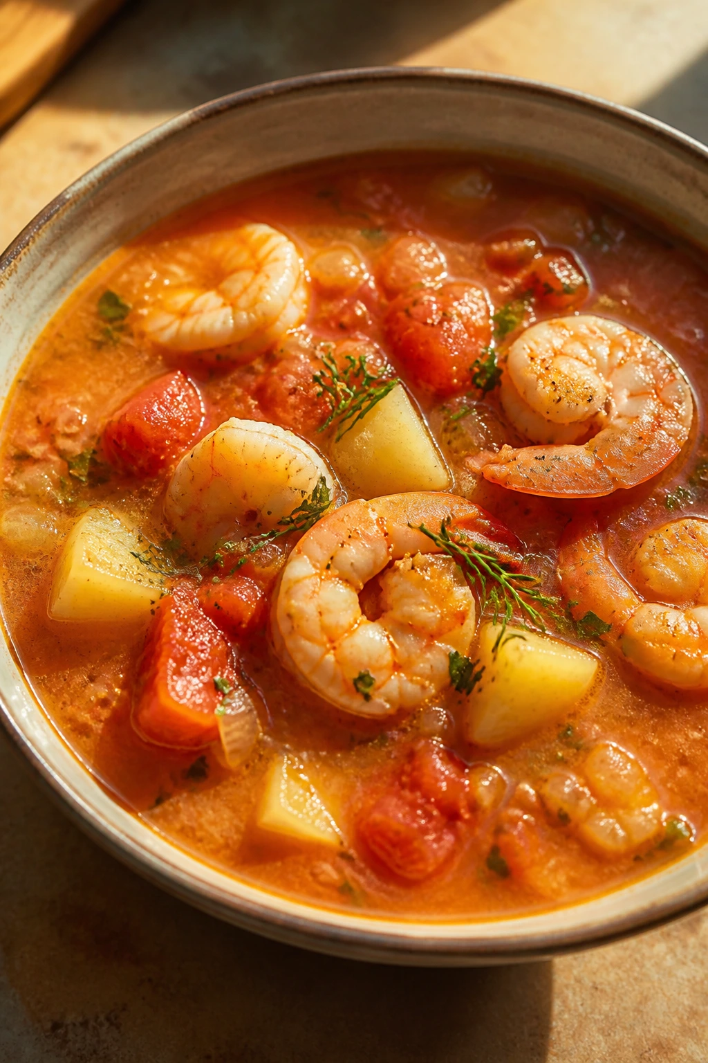 Close-up of Shrimp and Tomato Chowder with shrimp, tomatoes, and potatoes in tomato broth