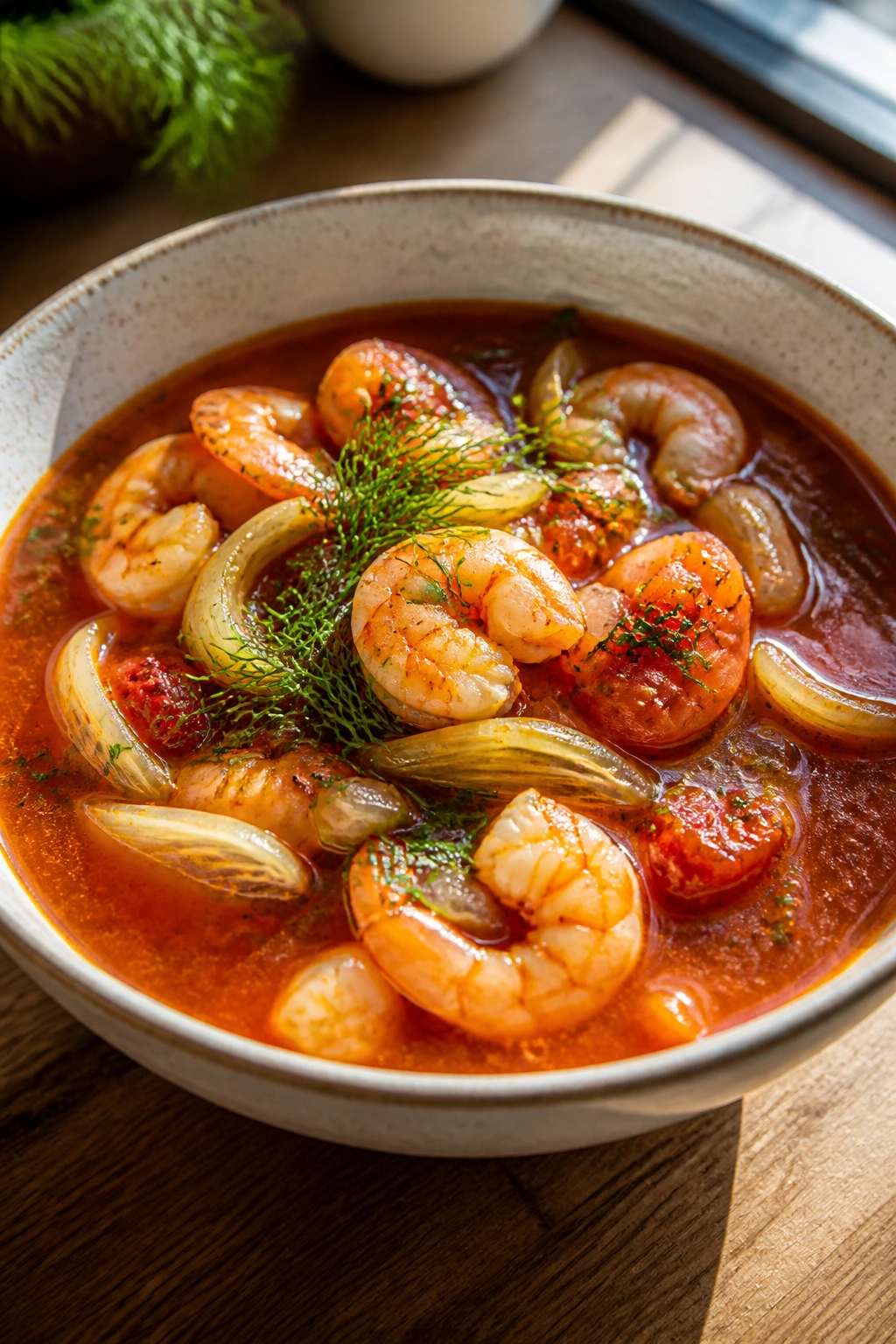 Close-up of Tomato Fennel Shrimp Soup in a bowl on a sunny counter