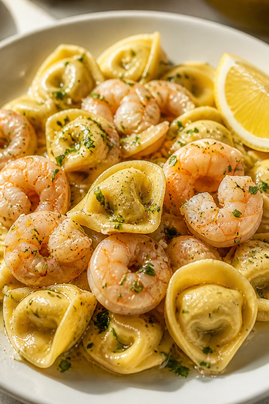 Shrimp tortellini with lemon garlic sauce on a plate