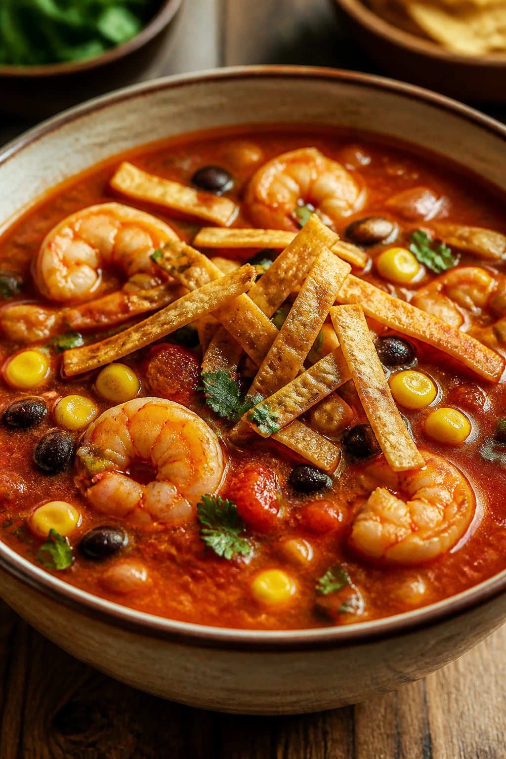 Close-up of shrimp tortilla soup with crispy tortilla strips in a red broth