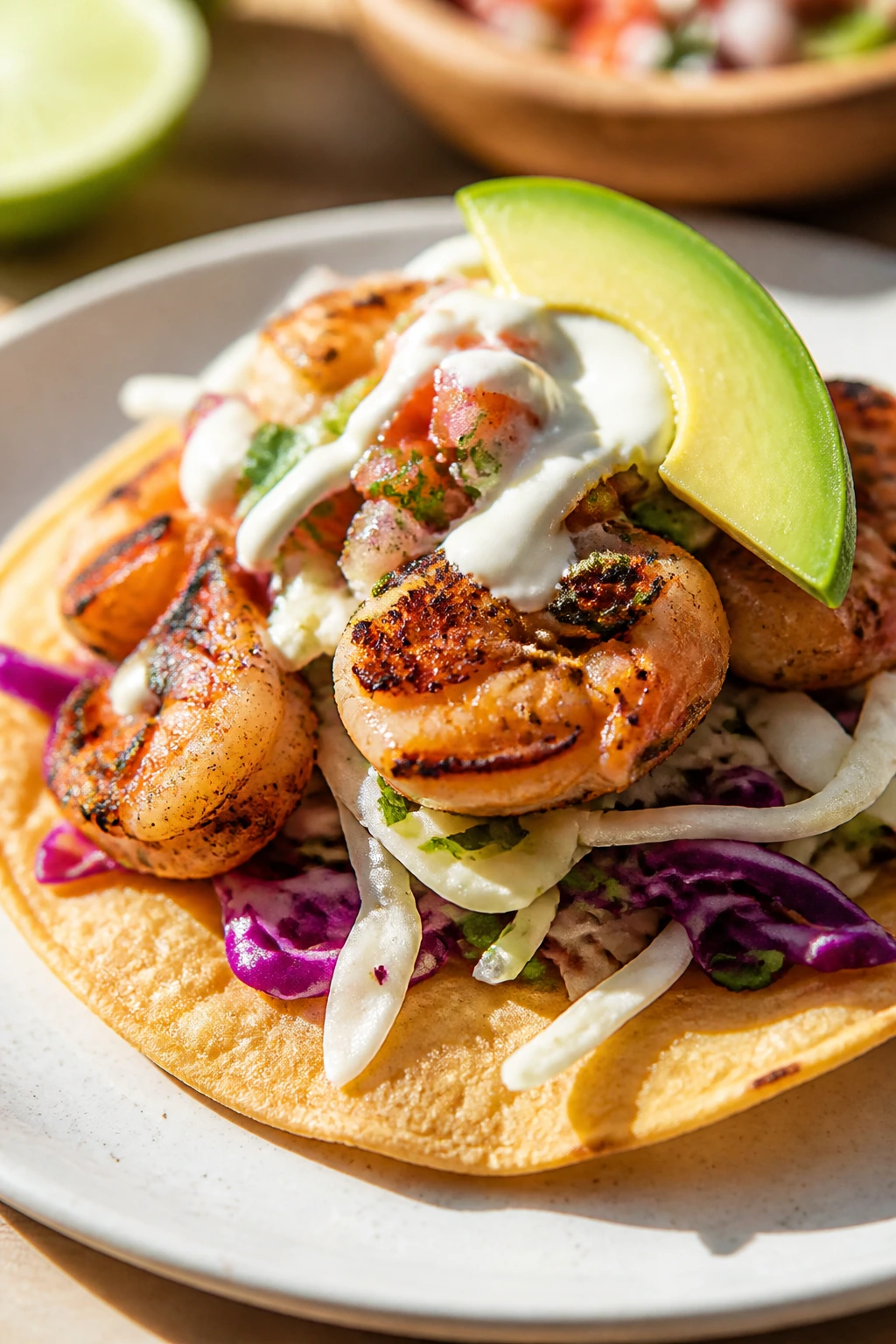 Close-up of shrimp tostada with cabbage and avocado on a bright plate