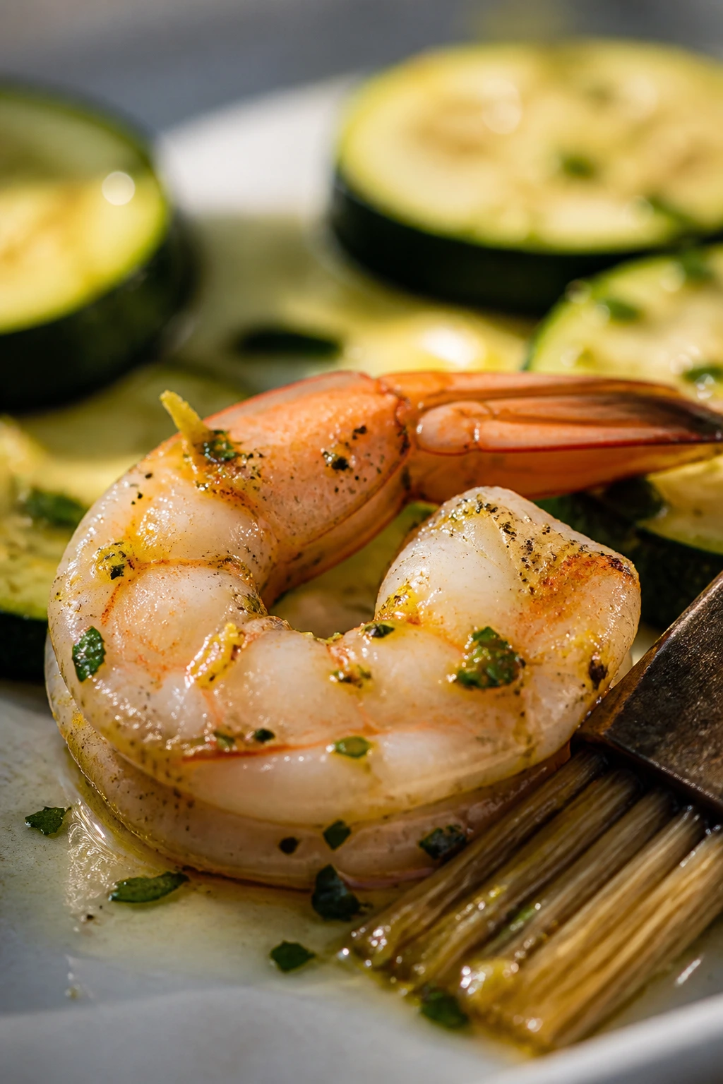 Close-up of marinated shrimp with zucchini slices in the background