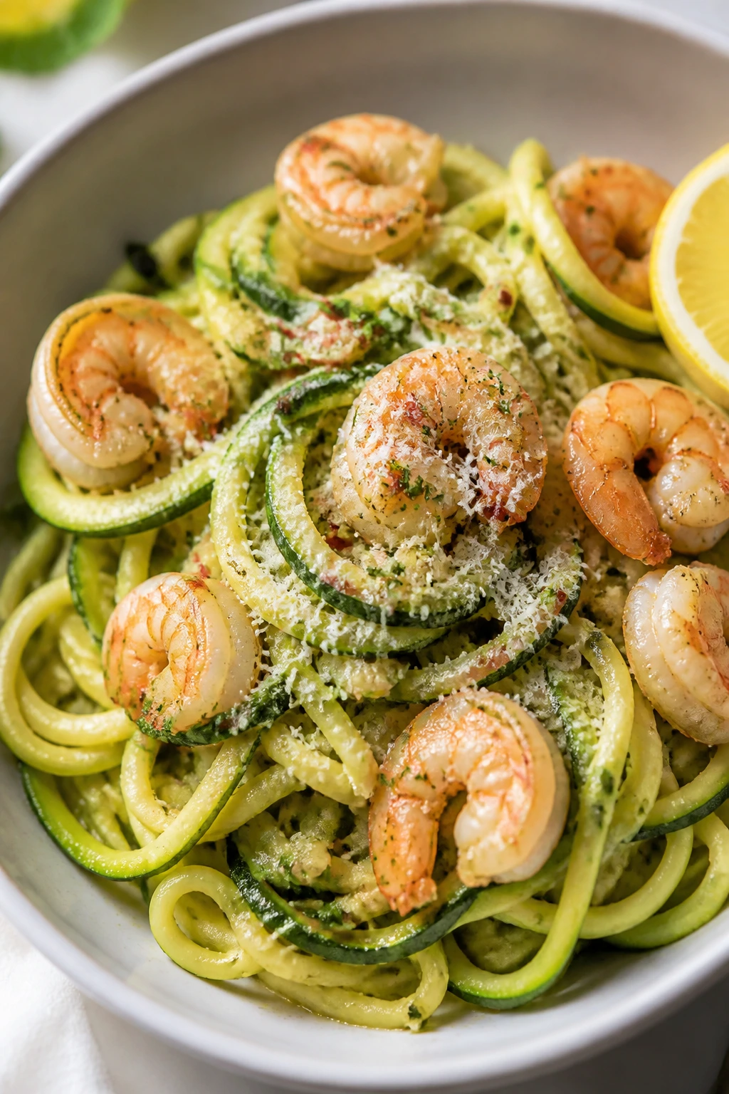Bright bowl of shrimp and zucchini noodles with garlic and parmesan