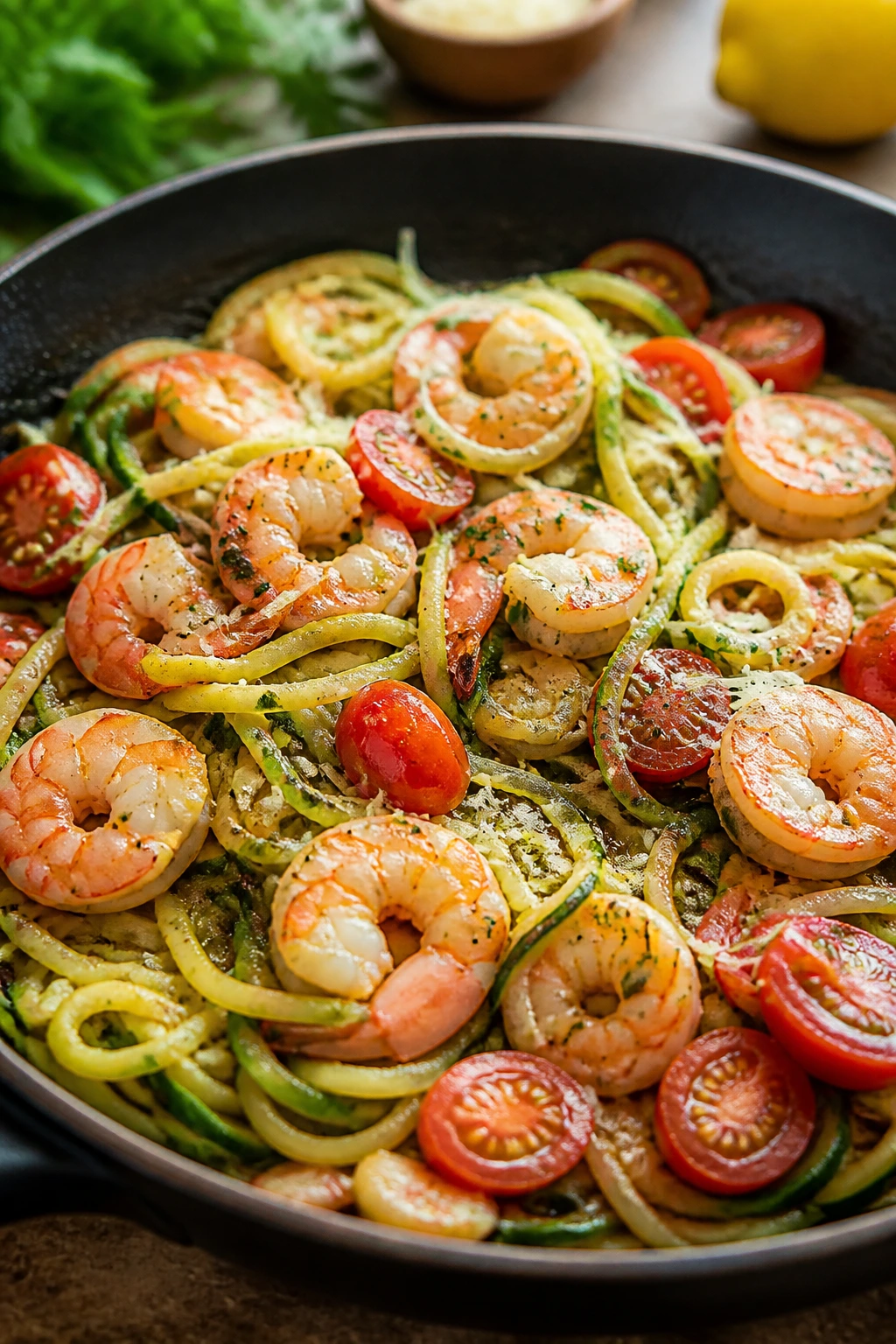Close-up of shrimp and zucchini noodles in a skillet on a kitchen counter