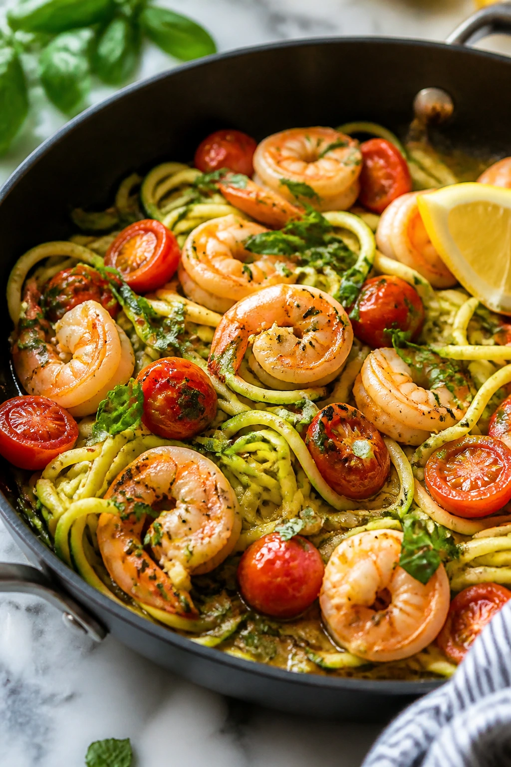 Shrimp zucchini noodle skillet with tomatoes and basil