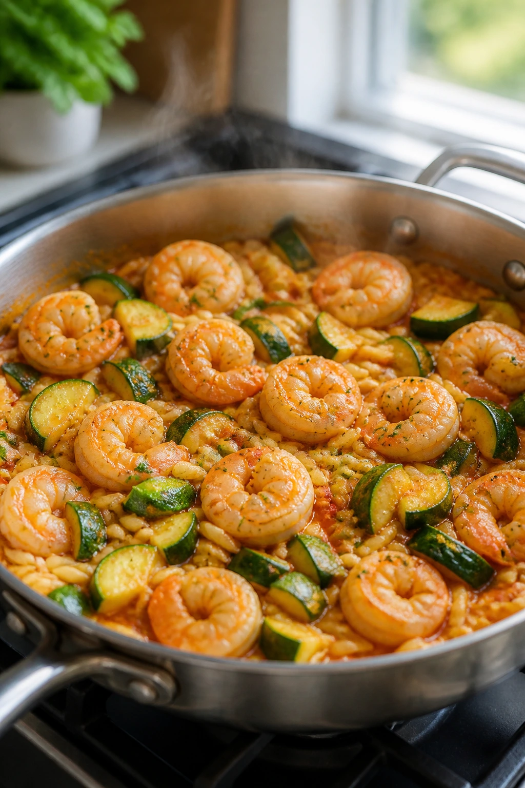 Close-up of shrimp and zucchini skillet with orzo in tomato broth