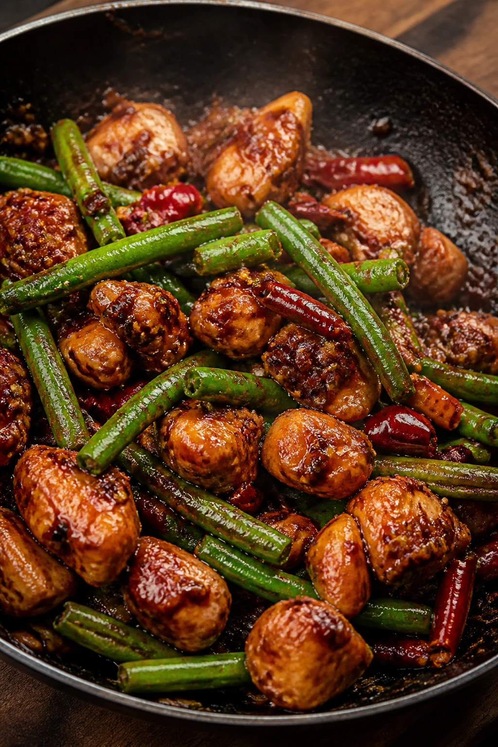 Sichuan chili chicken with green beans in glossy sauce
