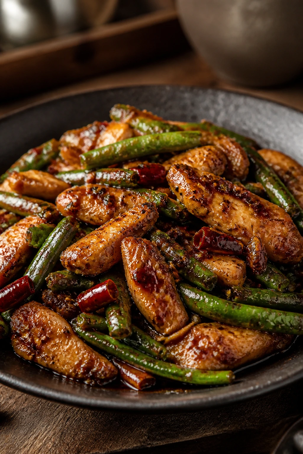 Close-up of Sichuan Chili Chicken with Green Beans in a spicy sauce