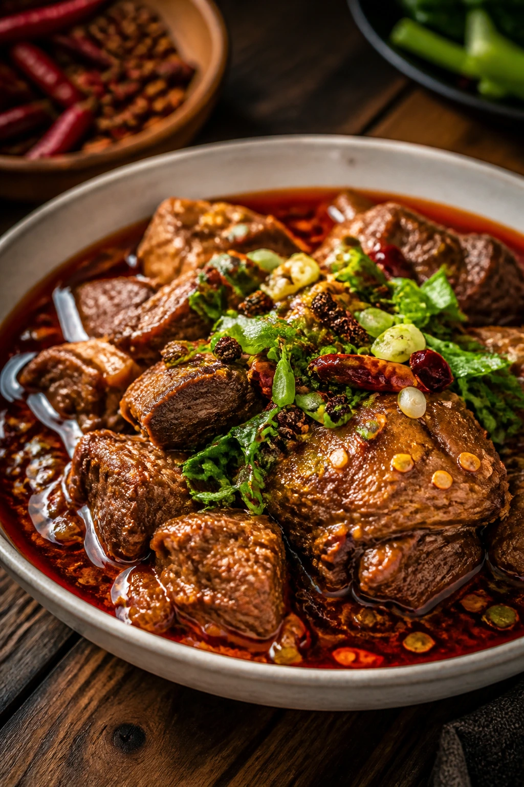 Braised meat with chili oil variation in shallow bowl