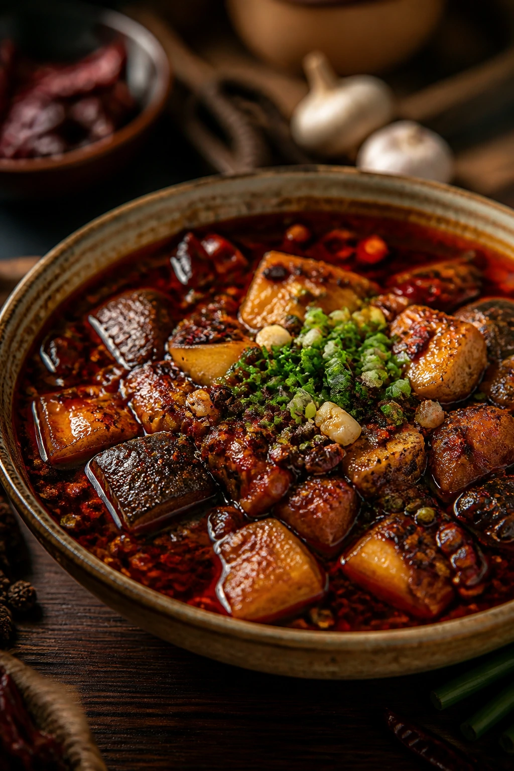 Sichuan fire bowl with red chili oil and peppercorns.