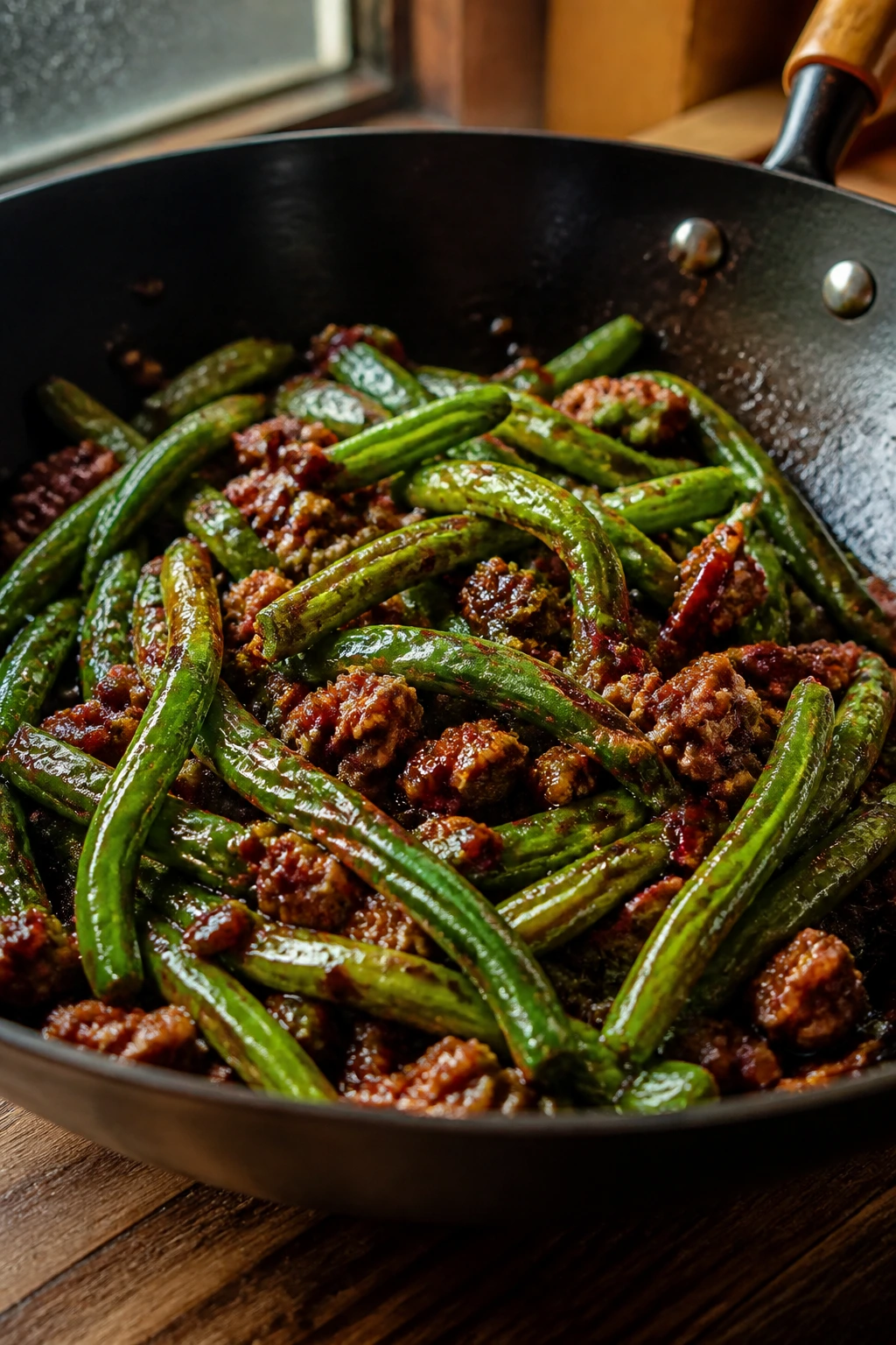 Close-up of Sichuan green beans with ground pork in glossy chili bean paste glaze